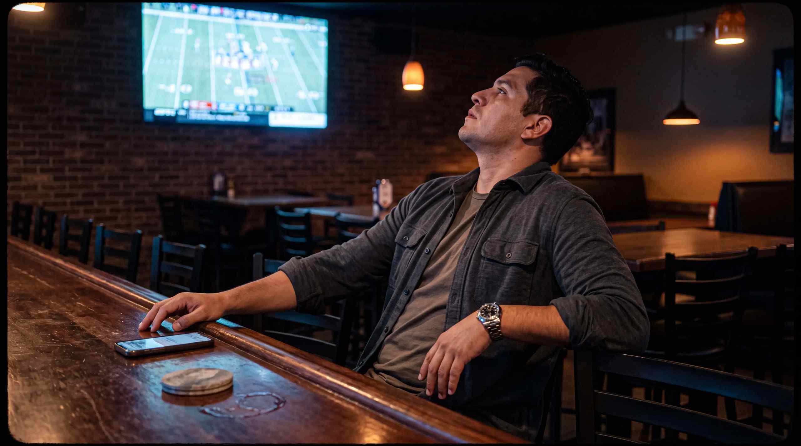 A man watching football in a bar looking concerned.
